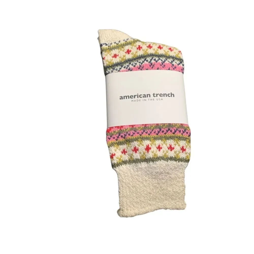 American Trench Women’s Fair Isle Cotton Socks White Size 6–10 Made USA NWT